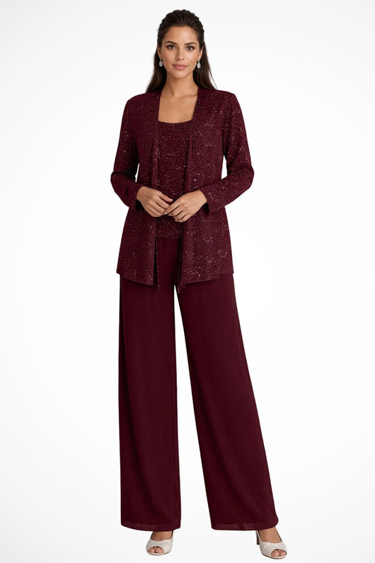 Elfriede | Damen Pailletten Wide-Leg Dreiteiler-Set Festliche Anzughose