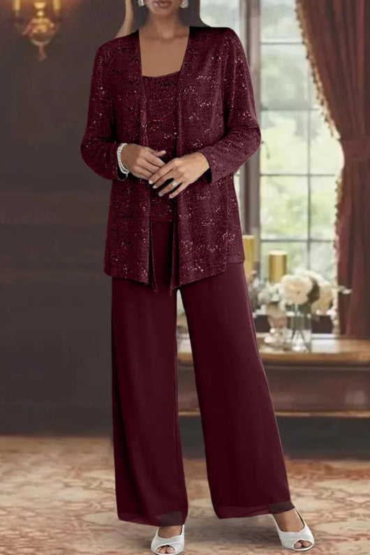 Elfriede | Damen Pailletten Wide-Leg Dreiteiler-Set Festliche Anzughose