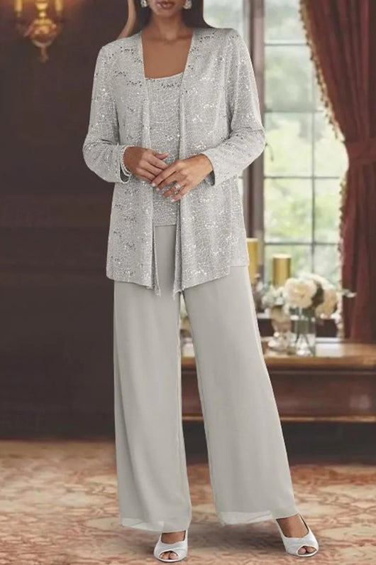Elfriede | Damen Pailletten Wide-Leg Dreiteiler-Set Festliche Anzughose