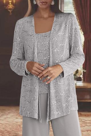 Elfriede | Damen Pailletten Wide-Leg Dreiteiler-Set Festliche Anzughose