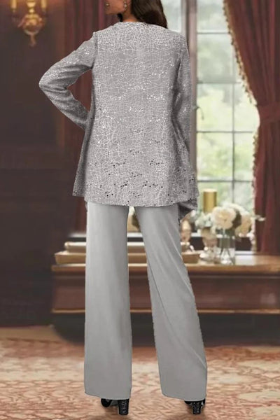 Elfriede | Damen Pailletten Wide-Leg Dreiteiler-Set Festliche Anzughose