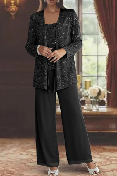 Elfriede | Damen Pailletten Wide-Leg Dreiteiler-Set Festliche Anzughose