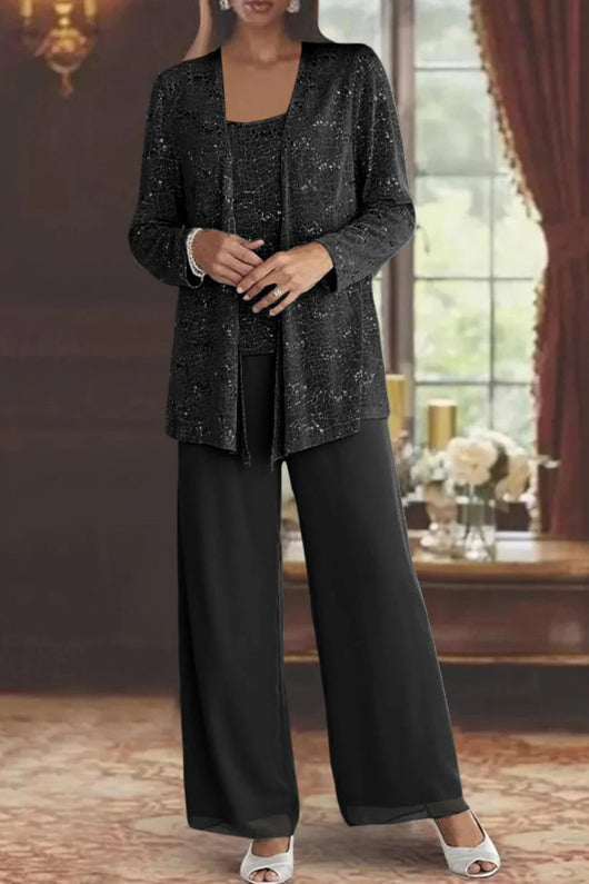 Elfriede | Damen Pailletten Wide-Leg Dreiteiler-Set Festliche Anzughose
