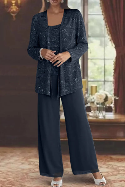 Elfriede | Damen Pailletten Wide-Leg Dreiteiler-Set Festliche Anzughose