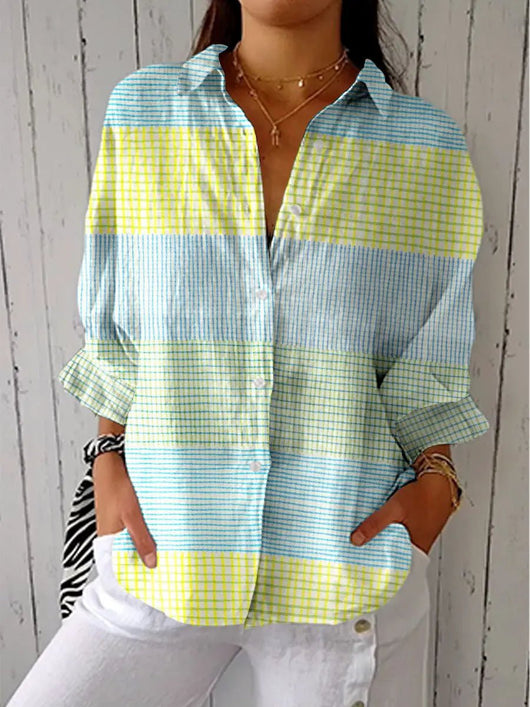 Greta | Damen Pastellgitter-Bluse mit V-Ausschnitt und Knopfleiste