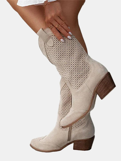 Clara | Damen Perforierte Knee High Boots Blockabsatz Wildlederoptik