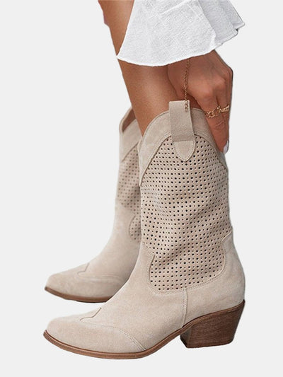 Clara | Damen Perforierte Knee High Boots Blockabsatz Wildlederoptik