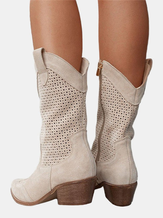 Clara | Damen Perforierte Knee High Boots Blockabsatz Wildlederoptik