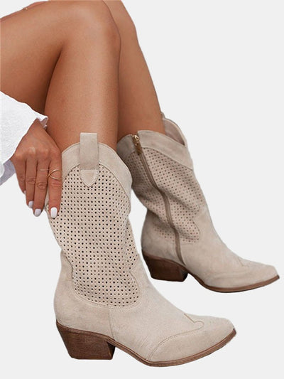 Clara | Damen Perforierte Knee High Boots Blockabsatz Wildlederoptik