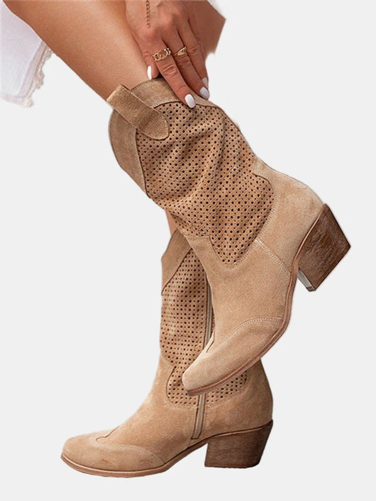Clara | Damen Perforierte Knee High Boots Blockabsatz Wildlederoptik
