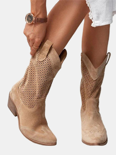 Clara | Damen Perforierte Knee High Boots Blockabsatz Wildlederoptik