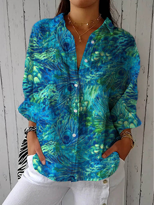 Emilia | Damen Pfauenfeder-Muster Langarm Knopfleiste Bluse