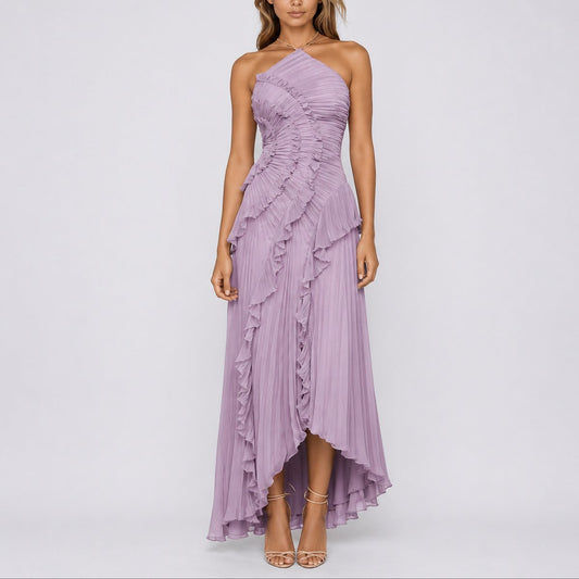 Luisa | Damen Plissee-Rüschen Neckholder Maxi-Kleid für Hochzeitsgäste im Herbst