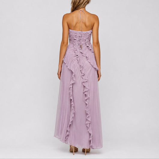 Luisa | Damen Plissee-Rüschen Neckholder Maxi-Kleid für Hochzeitsgäste im Herbst