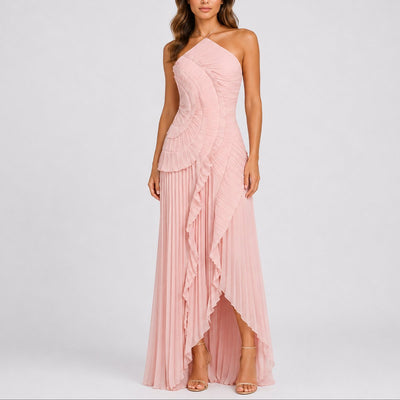 Luisa | Damen Plissee-Rüschen Neckholder Maxi-Kleid für Hochzeitsgäste im Herbst