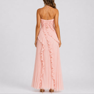 Luisa | Damen Plissee-Rüschen Neckholder Maxi-Kleid für Hochzeitsgäste im Herbst