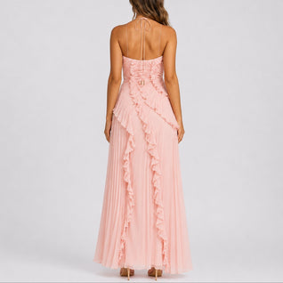 Luisa | Damen Plissee-Rüschen Neckholder Maxi-Kleid für Hochzeitsgäste im Herbst