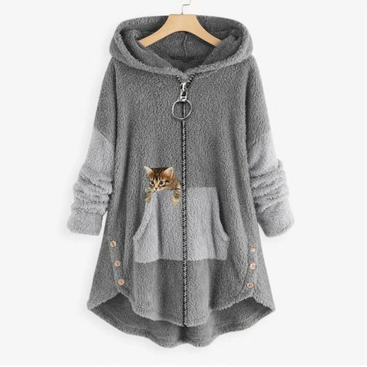 Lena | Damen Plüsch-Hoodie Sweatshirt Reißverschluss Katzen-Print Fleece