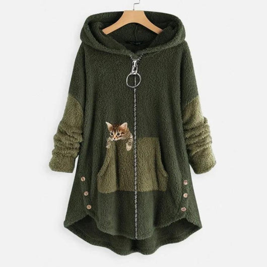 Lena | Damen Plüsch-Hoodie Sweatshirt Reißverschluss Katzen-Print Fleece