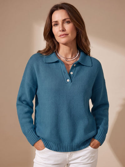Greta | Damen Polo-Pullover Langarm Strick mit Knopfleiste