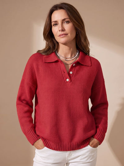 Greta | Damen Polo-Pullover Langarm Strick mit Knopfleiste