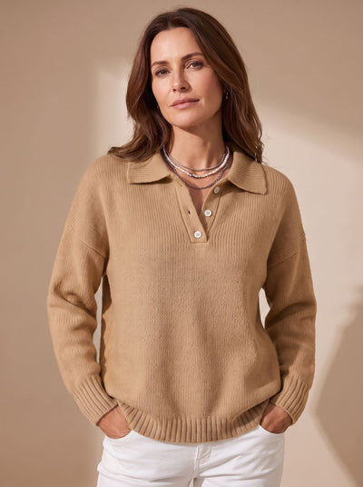 Greta | Damen Polo-Pullover Langarm Strick mit Knopfleiste