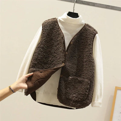 Marlene | Damen Puffer Vest Teddyfleece Weste mit Knopfleiste