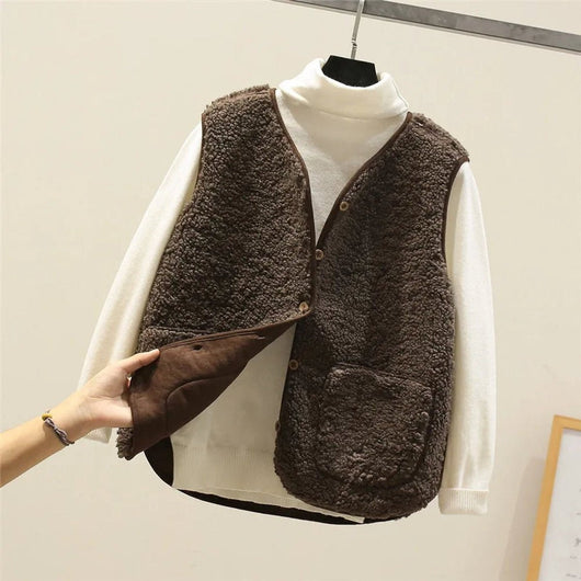 Marlene | Damen Puffer Vest Teddyfleece Weste mit Knopfleiste
