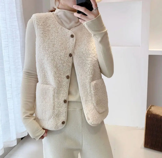 Marlene | Damen Puffer Vest Teddyfleece Weste mit Knopfleiste