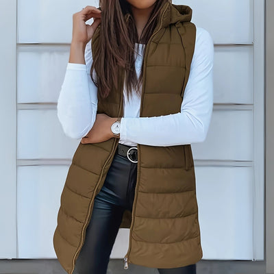 Frieda | Damen Puffer Weste mit Kapuze Ärmellose Lange Steppweste
