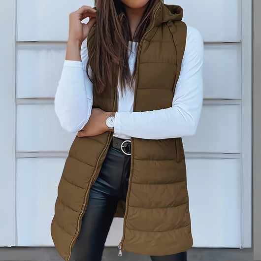 Frieda | Damen Puffer Weste mit Kapuze Ärmellose Lange Steppweste
