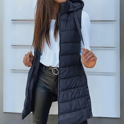 Frieda | Damen Puffer Weste mit Kapuze Ärmellose Lange Steppweste