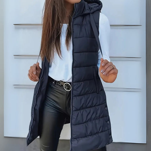 Frieda | Damen Puffer Weste mit Kapuze Ärmellose Lange Steppweste
