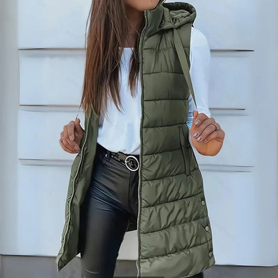 Frieda | Damen Puffer Weste mit Kapuze Ärmellose Lange Steppweste