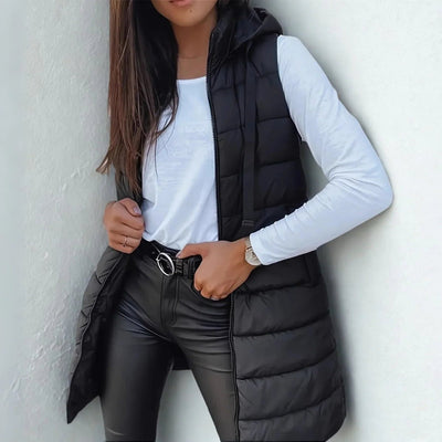 Frieda | Damen Puffer Weste mit Kapuze Ärmellose Lange Steppweste