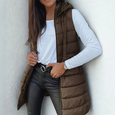 Frieda | Damen Puffer Weste mit Kapuze Ärmellose Lange Steppweste