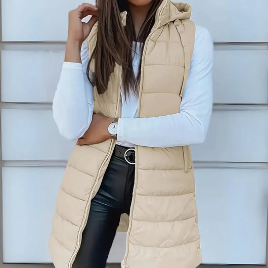 Frieda | Damen Puffer Weste mit Kapuze Ärmellose Lange Steppweste