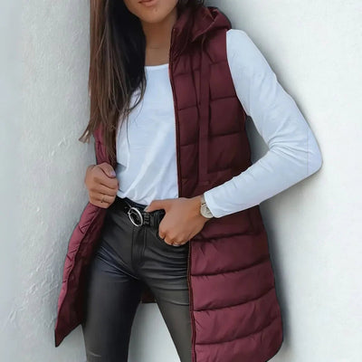 Frieda | Damen Puffer Weste mit Kapuze Ärmellose Lange Steppweste
