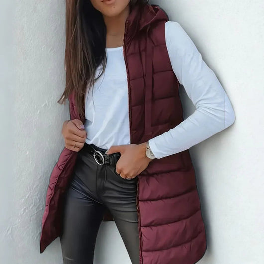 Frieda | Damen Puffer Weste mit Kapuze Ärmellose Lange Steppweste