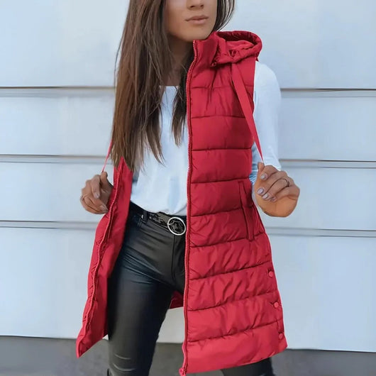 Frieda | Damen Puffer Weste mit Kapuze Ärmellose Lange Steppweste