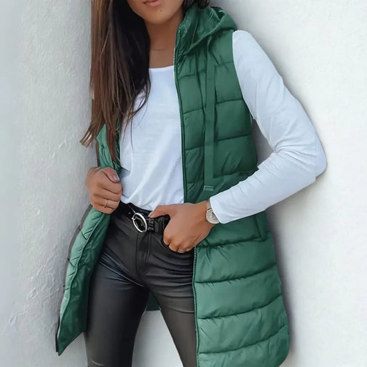Frieda | Damen Puffer Weste mit Kapuze Ärmellose Lange Steppweste