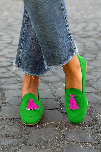 Johanna | Damen Quasten-Loafer flache Wildleder-Slipper mit Taschendetail