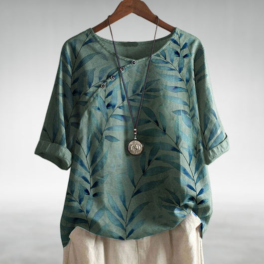 Frieda | Damen Relaxed-Fit Leinen-Bluse mit Blätterprint und Rundhalsausschnitt