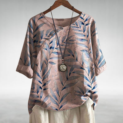 Frieda | Damen Relaxed-Fit Leinen-Bluse mit Blätterprint und Rundhalsausschnitt