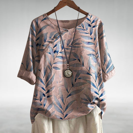 Frieda | Damen Relaxed-Fit Leinen-Bluse mit Blätterprint und Rundhalsausschnitt