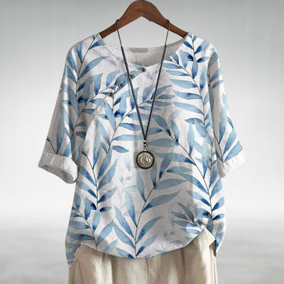 Frieda | Damen Relaxed-Fit Leinen-Bluse mit Blätterprint und Rundhalsausschnitt