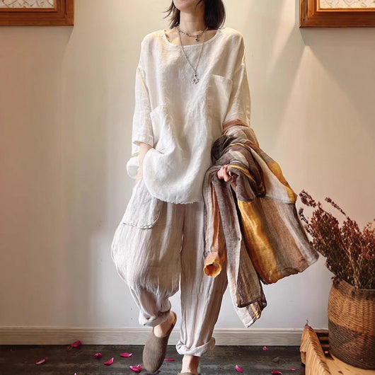 Emilia | Damen Relaxed-Fit Leinen Tunika mit aufgesetzten Taschen