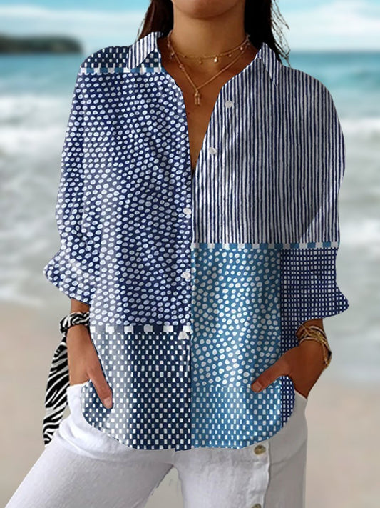 Clara | Damen Relaxed-Fit Patchwork-Langarmbluse mit Knopfleiste
