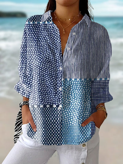 Clara | Damen Relaxed-Fit Patchwork-Langarmbluse mit Knopfleiste