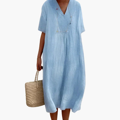 Johanna | Damen Relaxed-Fit V-Ausschnitt Linnen Midi-Kleid